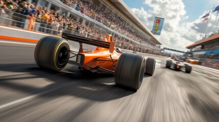 Fototapeta premium A race car is speeding down a track with a crowd of people watching