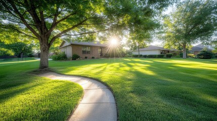 Fototapeta premium Serene Suburban Landscape with Sunlight Glinting Through Trees, Pathway Leading to Cozy Home Surrounded by Lush Green Lawn and Vibrant Foliage at Golden Hour