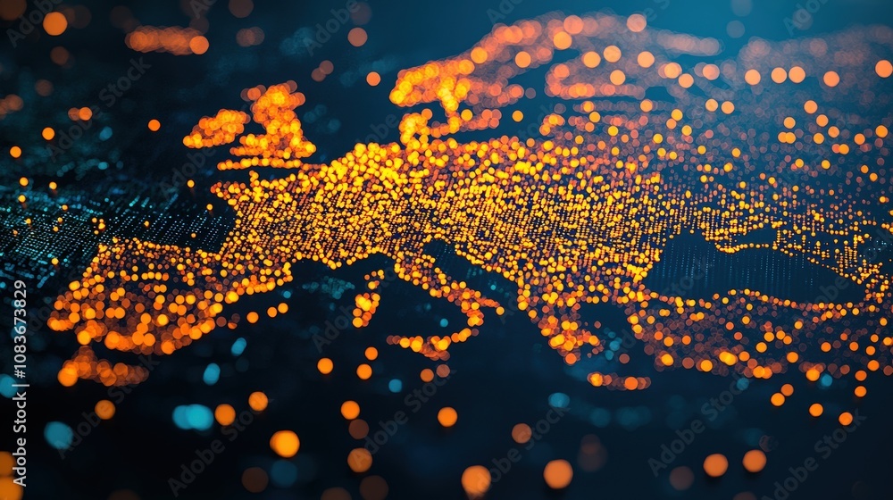 Poster global network digital connections illuminated map orange and blue lights data visualization