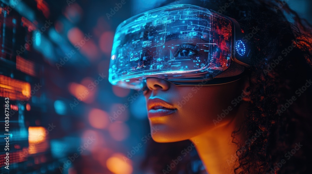 Poster Movement in augmented reality settings, participants interacting with virtual elements, futuristic experience