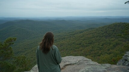 Fototapeta premium Serene Woman Gazing at Expansive Green Mountain Landscape with Soft Cloudy Sky and Vast Wilderness in Background
