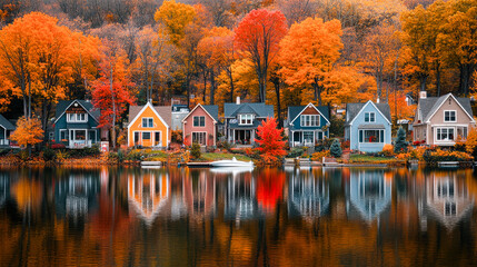 Fototapeta premium Quaint lakeside cottages reflect in water, enveloped by rich autumn colors, creating a peaceful and charming atmosphere.