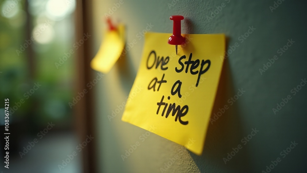 Poster a sticky note pinned to a wall with the handwritten phrase 'one step at a time!' emphasizing motivat