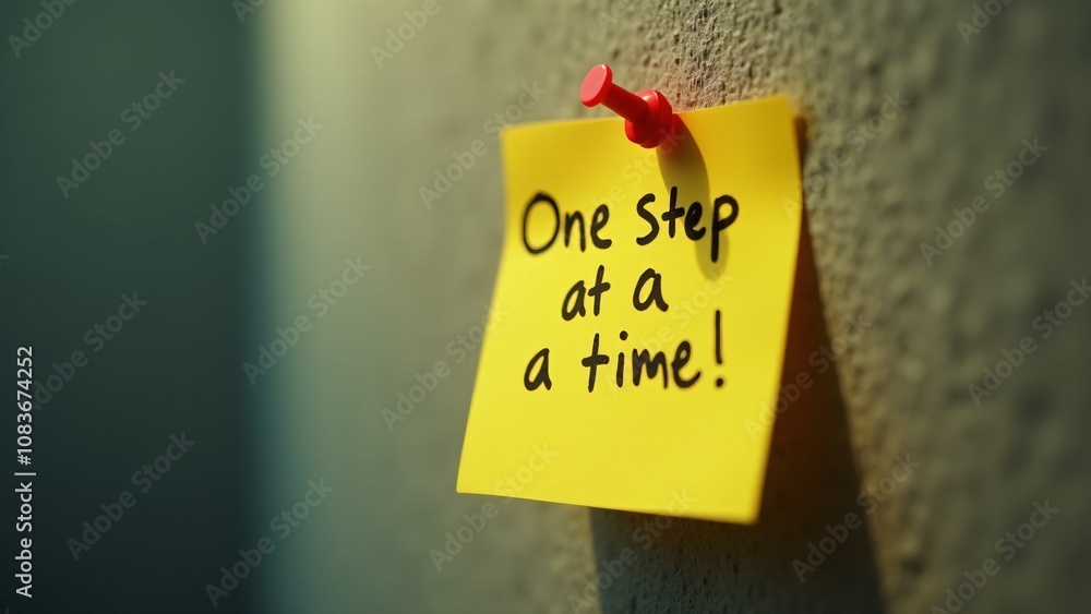 Poster a sticky note pinned to a wall with the handwritten phrase 'one step at a time!' emphasizing motivat