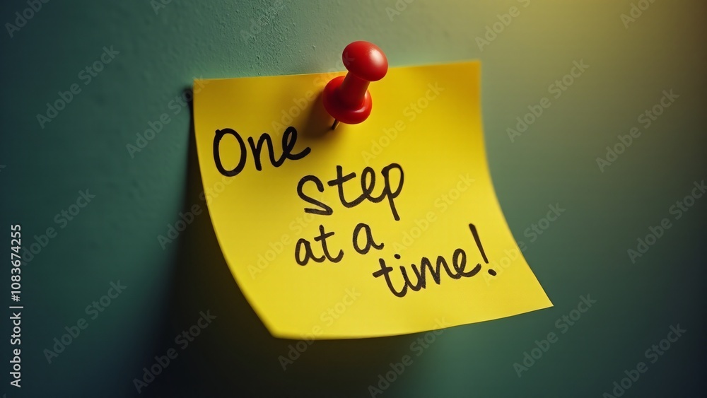 Poster a sticky note pinned to a wall with the handwritten phrase 'one step at a time!' emphasizing motivat