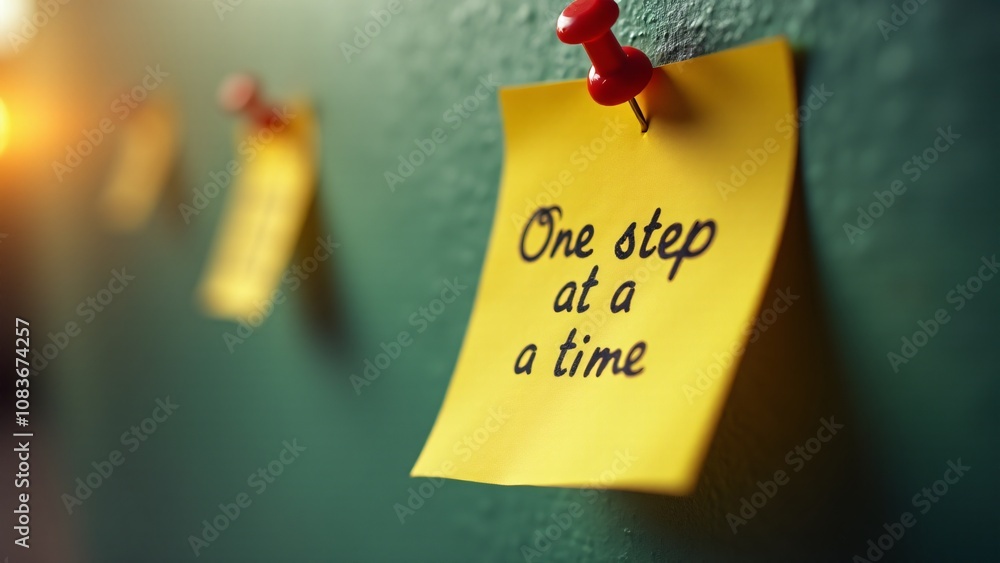 Poster a sticky note pinned to a wall with the handwritten phrase 'one step at a time!' emphasizing motivat