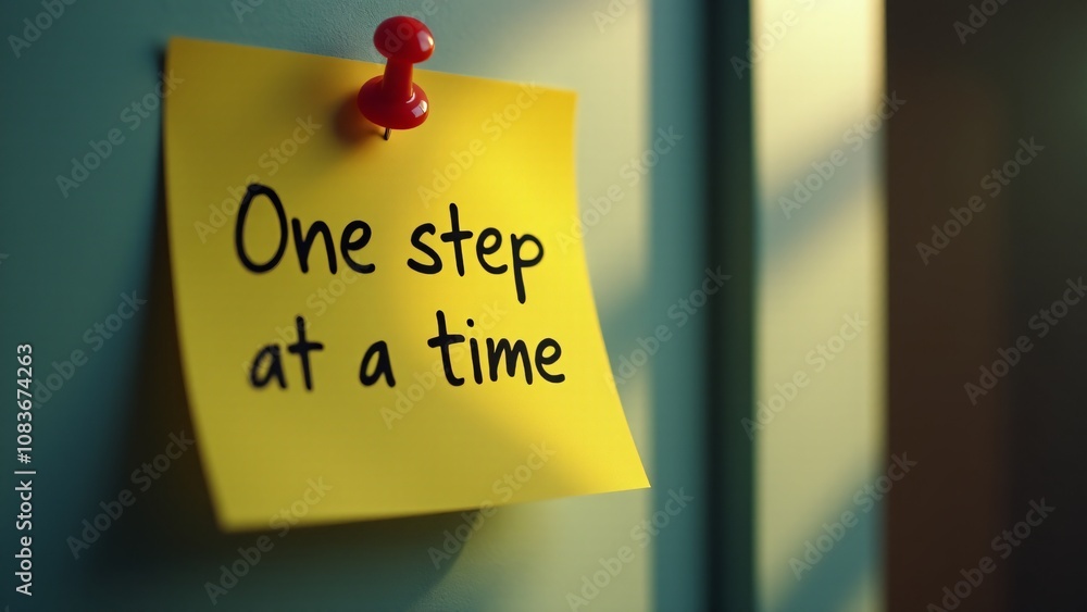 Poster a sticky note pinned to a wall with the handwritten phrase 'one step at a time!' emphasizing motivat