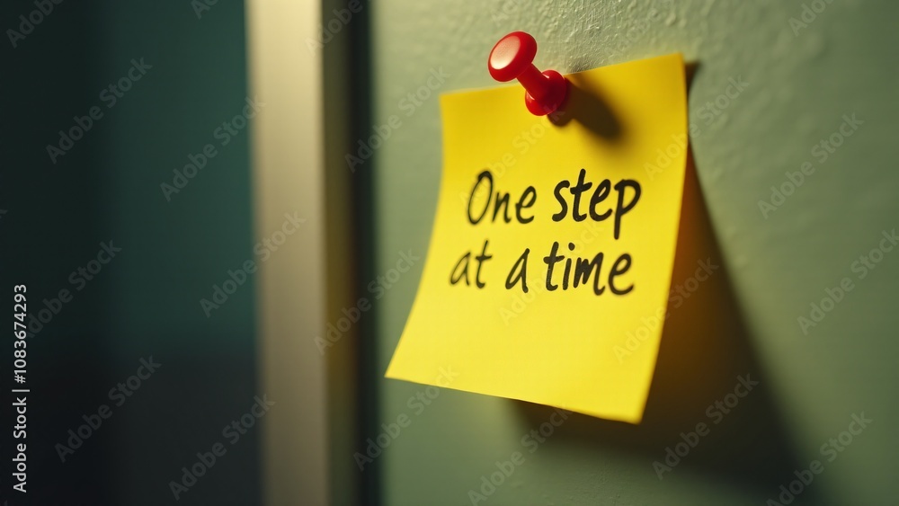 Poster a sticky note pinned to a wall with the handwritten phrase 'one step at a time!' emphasizing motivat