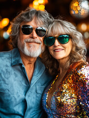 Obraz premium Smiling elderly couple wearing sunglasses and shiny attire, embodying confidence and style at a lively social gathering.