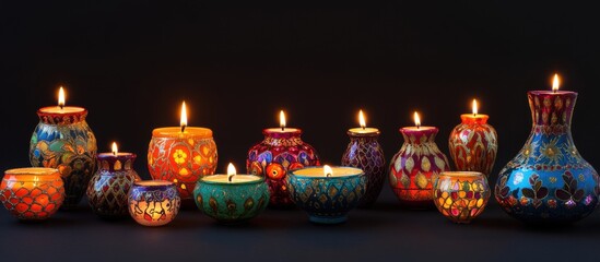 Fototapeta premium group of colorful, lit candles in decorative clay pots are arranged on the table for a Diwali celebration