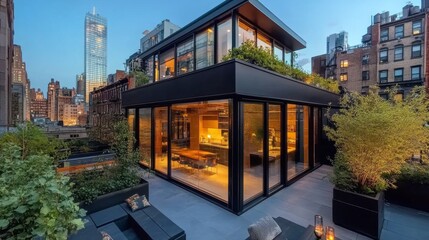 Obraz premium Modern Rooftop Patio with City Views and Indoor Kitchen Visible Through Large Windows