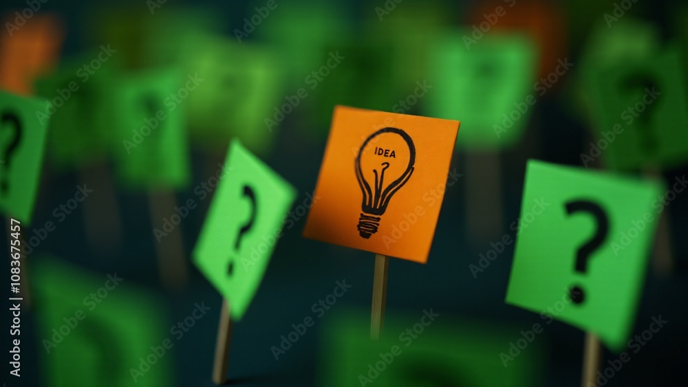Poster a group of signs with question marks, with one prominently displaying a lightbulb symbol and the wor