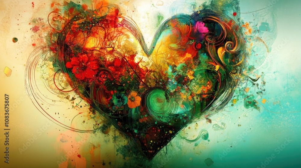Poster vibrant abstract heart with colorful swirls and floral elements creating a whimsical expression of l
