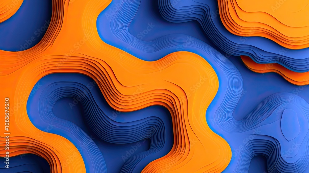 Poster abstract paper cut design with vibrant orange and deep blue waves, showcasing dynamic textures and f