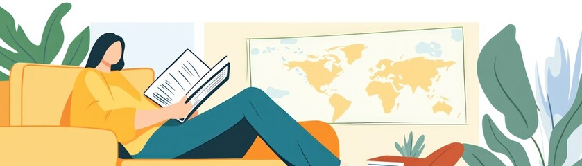 A person reading on a couch with a world map in the background.