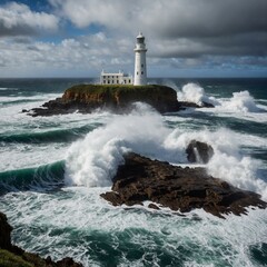 Obraz premium The historic lighthouse at Cape Otway with waves crashing below.