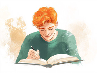 Artistic Illustration of a Red-Haired Man Writing and Reading, Evoking Creativity, Study, and Thoughtfulness in a Warm Style