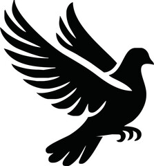 Obraz premium Dove icon. Black silhouette of a dove in flight carrying an olive branch on a white background. Peace symbol. Religious icon. Vector illustration.
