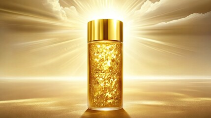 Luxurious golden essence in a sleek bottle radiating brilliance against a glowing backdrop, embodying elegance, beauty, and opulence in skincare and beauty product photography