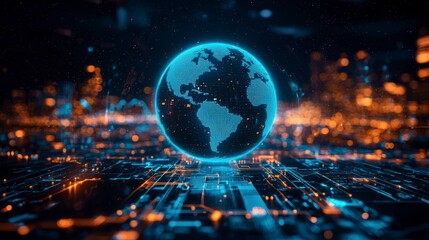 An artistic rendition of a world map illuminated by network pathways, representing the intricate global web of communication and modern technology.