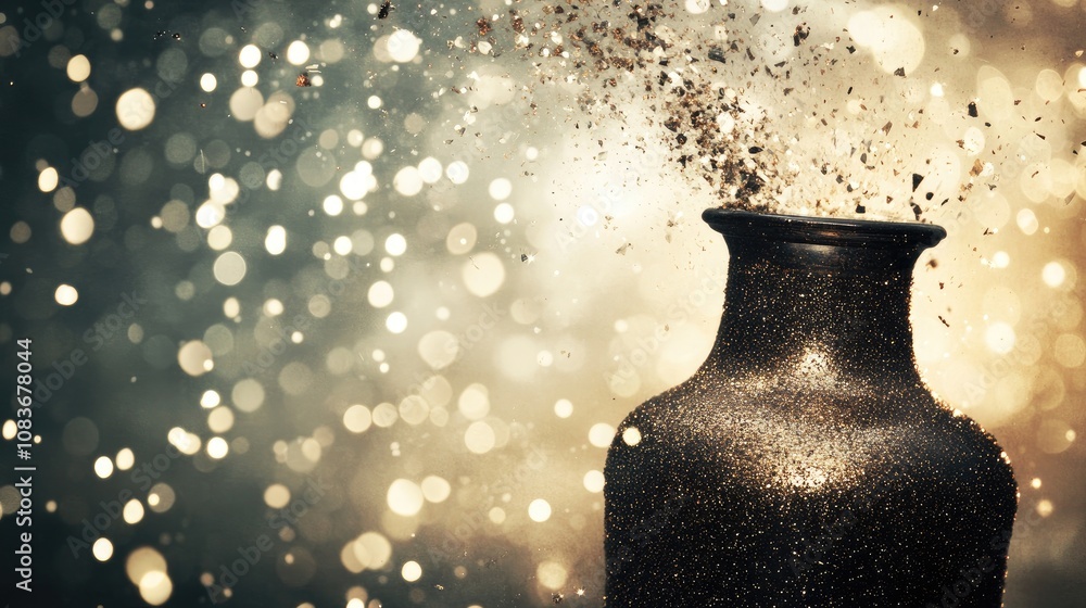 Poster glimmering black vase with glittering particles and bokeh background creating a magical and dreamy a