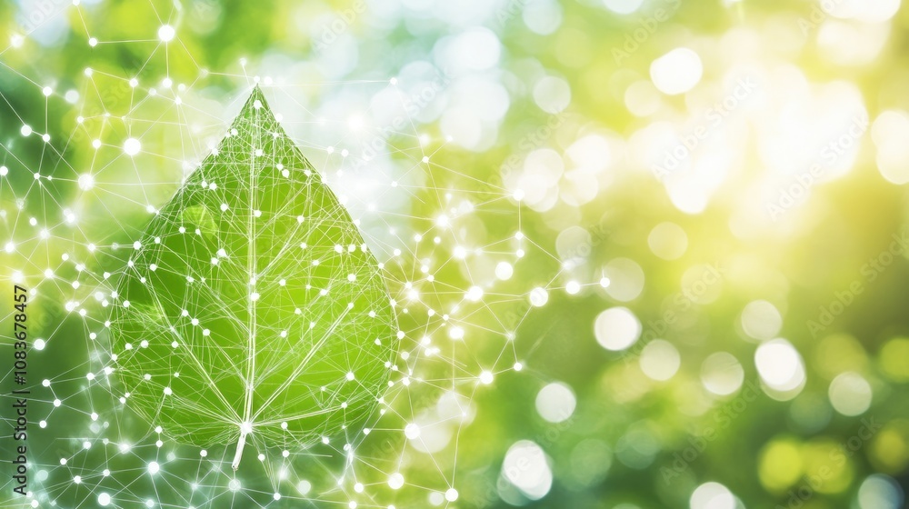 Poster abstract representation of a leaf enveloped in a digital web of light particles against a blurred na