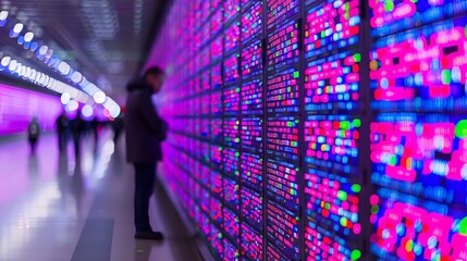 Here's a description and keywords for your stock photo... Man viewing vibrant digital stock ticker data wall.