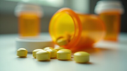 Spilled orange prescription bottle with yellow capsules and a single white capsule scattered on a white surface. Blurred background with the bottle cap nearby. Concept of medicine, pharmaceuticals, he