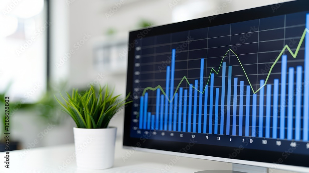 Poster Here's a possible  and keyword list for your stock photo.. Financial data displayed on a computer monitor.
