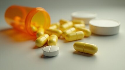Spilled orange prescription bottle with yellow capsules and a single white capsule scattered on a white surface. Blurred background with the bottle cap nearby. Concept of medicine, pharmaceuticals, he
