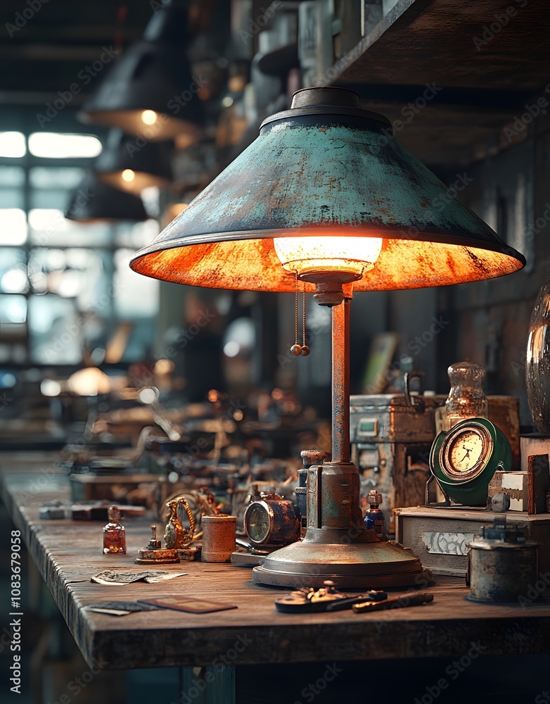 Poster a vintage workspace with a rustic lamp and various tools and items scattered on a wooden table.
