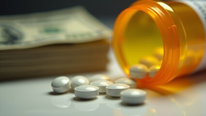 Orange prescription bottle tipped over with round white pills scattered on a white surface. Background features a stack of blurred dollar bills. Concept of medical costs, healthcare economy, and pharm