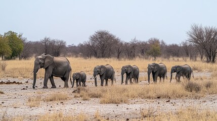 Fototapeta premium A herd of elephants walking through a dry landscape with sparse vegetation.