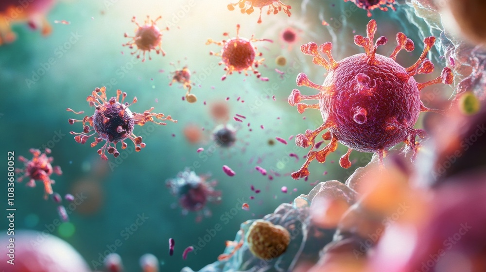 Poster a close up of a virus with many other viruses in the background