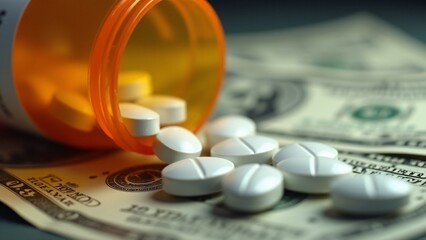 Orange prescription bottle tipped over with white oblong pills scattered on U.S. dollar bills. Concept of medication costs, healthcare economy, and pharmaceutical pricing. Blurred background with focu