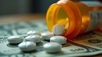 Botella de prescripci&oacute;n m&eacute;dica naranja volcada con p&iacute;ldoras blancas oblongas sobre billetes de d&oacute;lar estadounidenses. Concepto de costos de medicamentos, econom&iacute;a de la salud y precios farmac&eacute;uticos. 