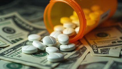 Orange prescription bottle tipped over with white oblong pills scattered on U.S. dollar bills. Concept of medication costs, healthcare economy, and pharmaceutical pricing. Blurred background with focu