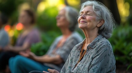 senior wellness group attending a mindfulness and meditation session, focusing on mental health, relaxation