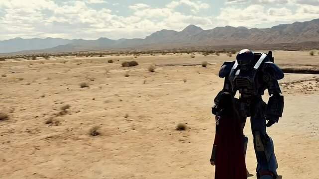Astronaut standing in desert landscape with dramatic mountain range backdrop, exploration mission scene with spacesuit silhouette against arid wilderness, science fiction concept - Anamorphic 4K