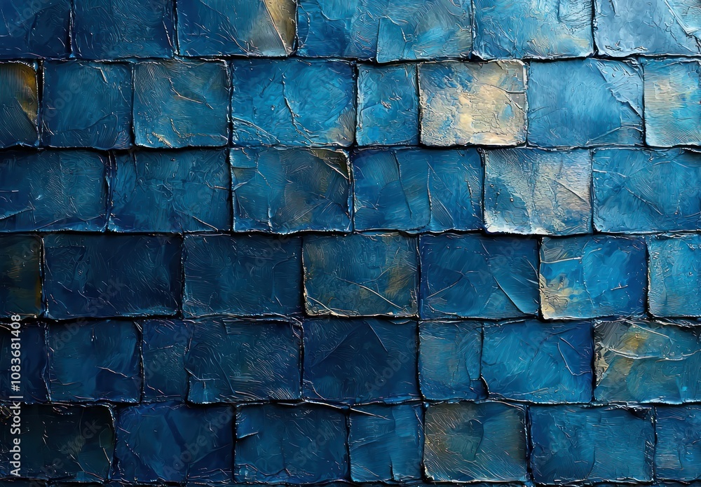Poster abstract blue and gold square pattern with textured paint