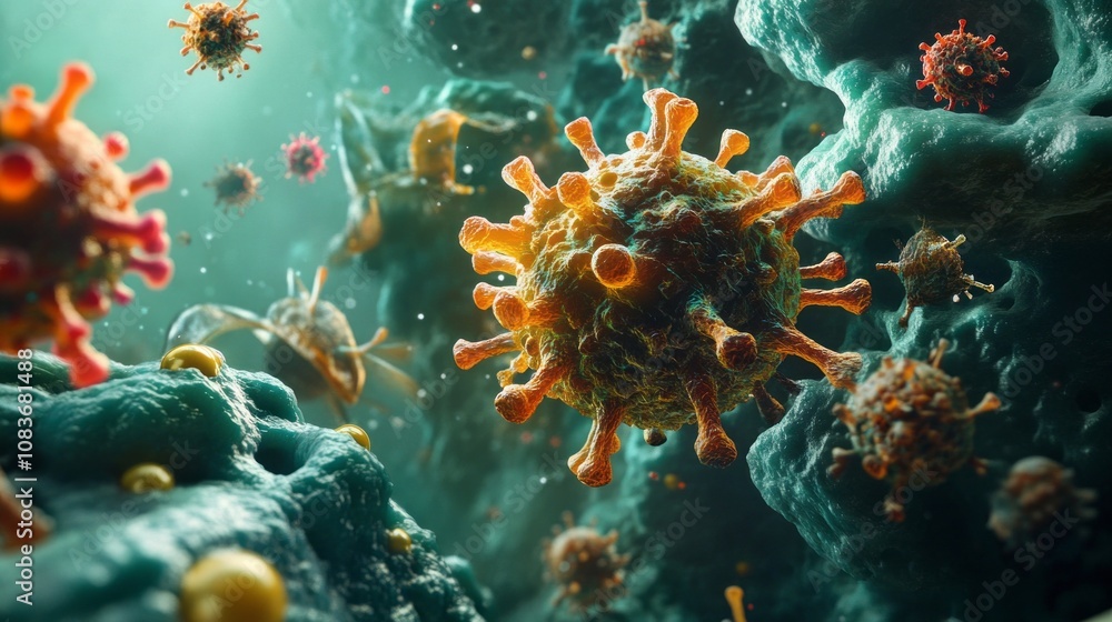 Poster a close up of a virus with a green background