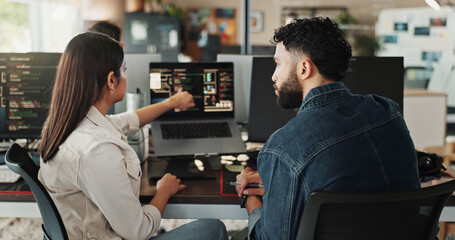 Teamwork, developer and coding training on computer screen in office for testing web application...