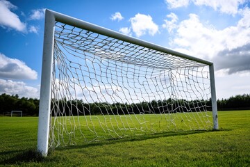 Fototapeta premium A soccer goal on a green field with a blue sky and white clouds.