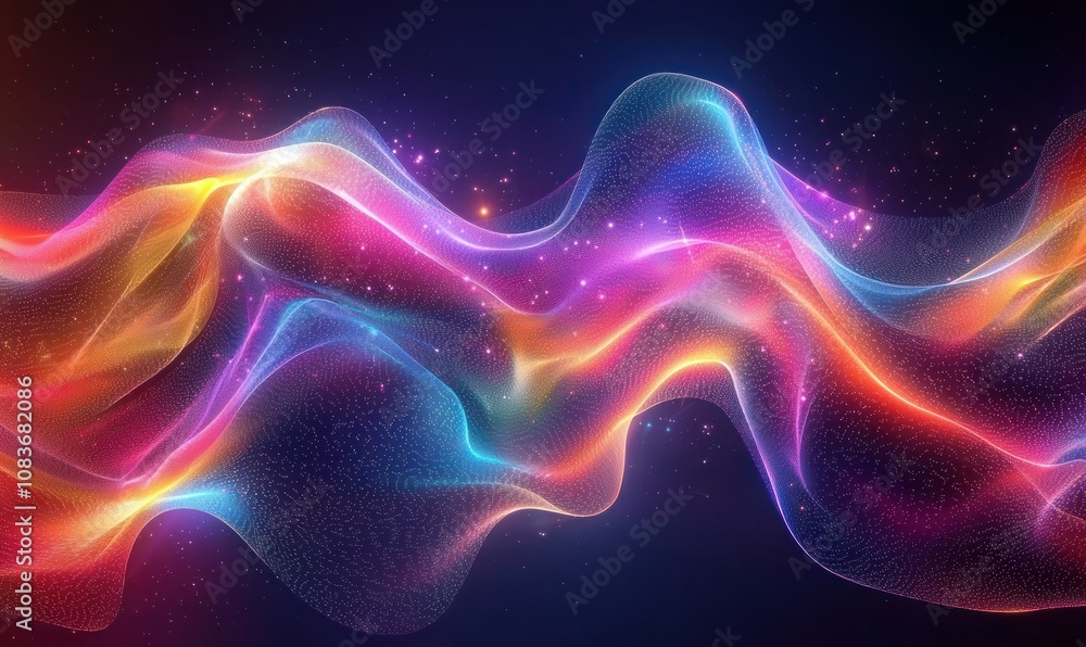 Poster abstract colorful glowing waves with shimmering particles