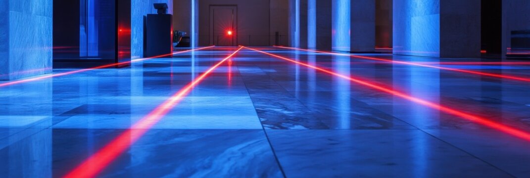 Bright red laser beams traverse a polished marble floor in a contemporary indoor space, enhancing security during the night. Generative AI