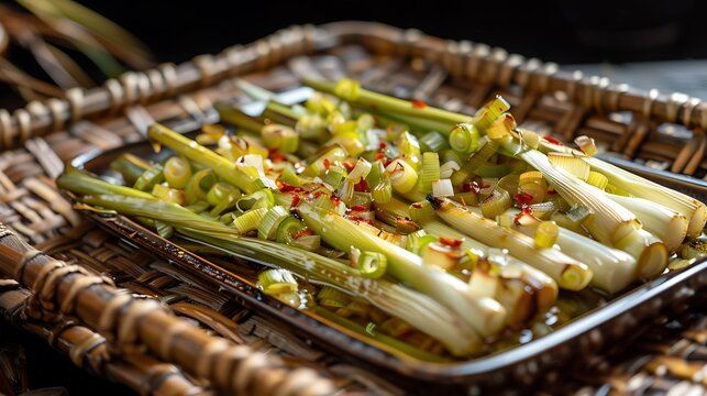 braised leeks cooked in olive oil cold starter appetizer zeytinyagli pirasa served on wicker tray