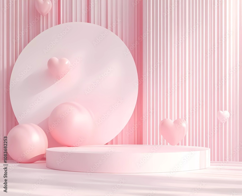 Aufkleber 3d rendering of a valentine's day background podium with heart shapes on a pink pastel-colored minim