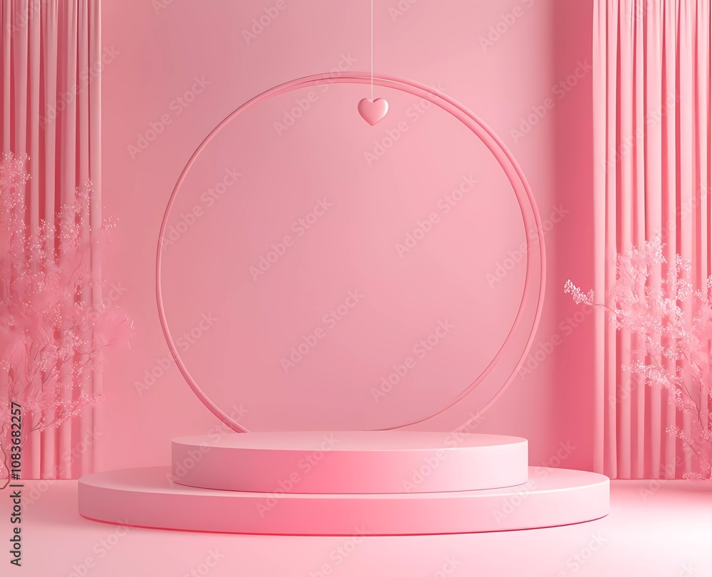 Aufkleber 3d rendering of a valentine's day background podium with heart shapes on a pink pastel-colored minim
