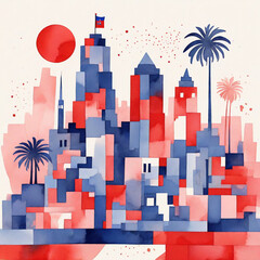 Abstract vibrant geometric watercolour art. Multicoloured shapes, elements creates architecture streets. Square retro wallpaper. Technology energy pattern. Abstract city buildings. Urban town houses. 