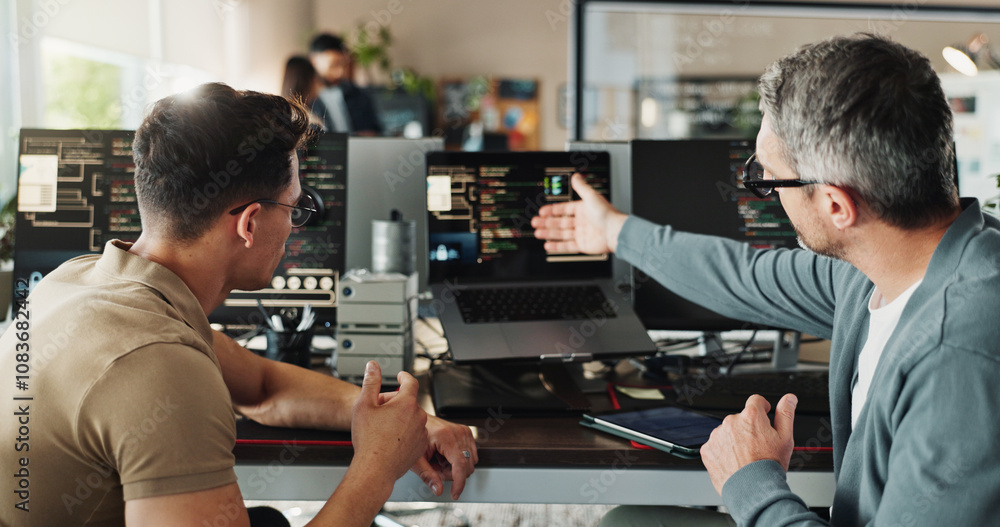 Leinwandbilder Man, developer and coding teamwork on computer screen in office for testing web application and troubleshooting. Programming, employee or mentor with advice on developing software solution at startup